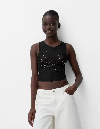 Ärmlös t-shirt i strass i tyll