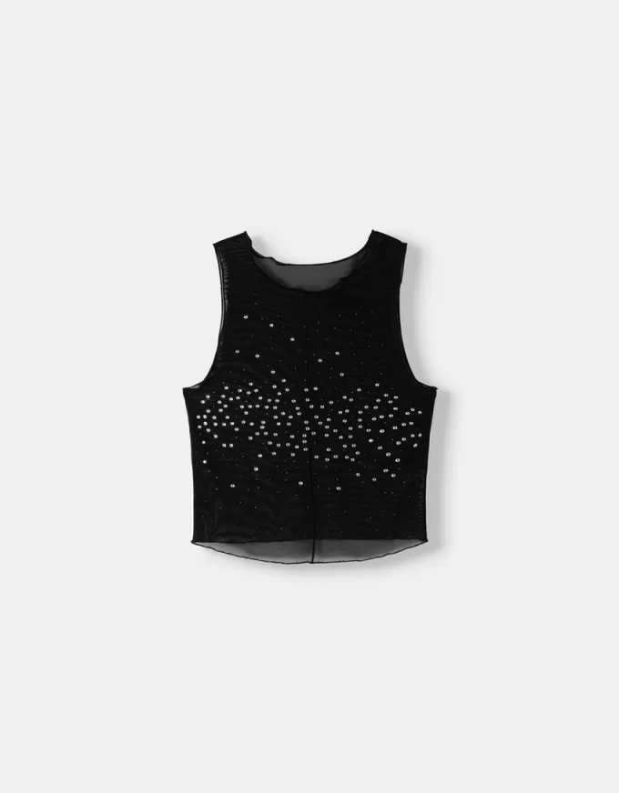 Ärmlös t-shirt i strass i tyll Ärmlös t-shirt i strass i tyll