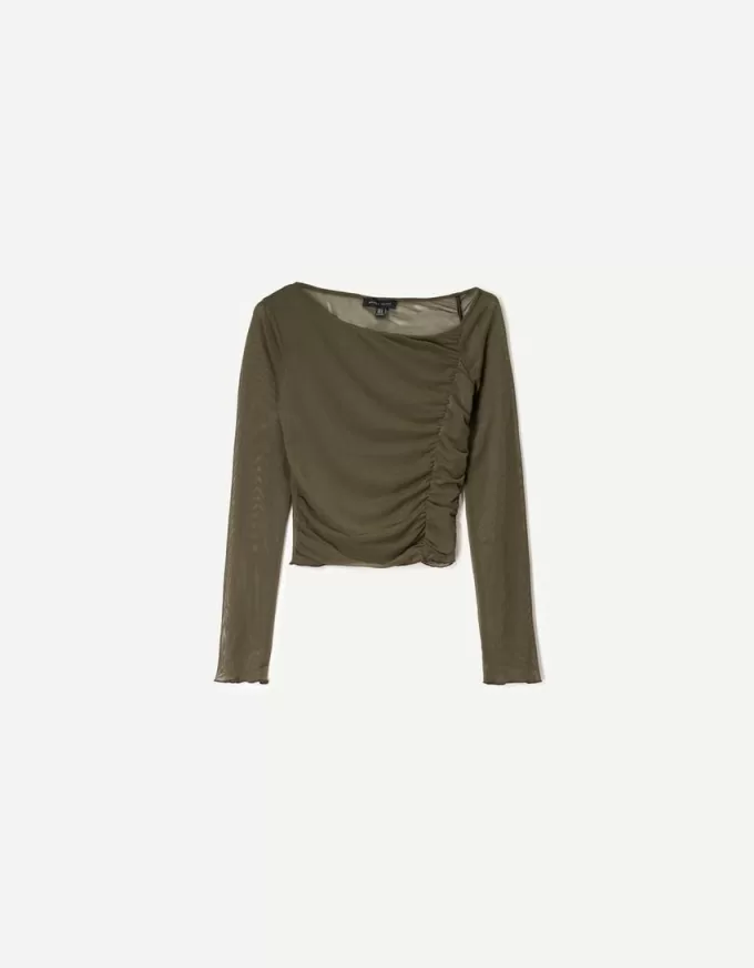 BERSHKA SERIEN långärmad T-shirt i tyll med rynkad tyll BERSHKA SERIEN långärmad T-shirt i tyll med rynkad tyll