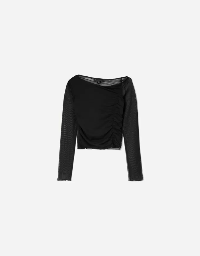 BERSHKA SERIEN långärmad T-shirt i tyll med rynkad tyll BERSHKA SERIEN långärmad T-shirt i tyll med rynkad tyll