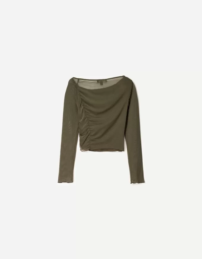 BERSHKA SERIEN långärmad T-shirt i tyll med rynkad tyll BERSHKA SERIEN långärmad T-shirt i tyll med rynkad tyll