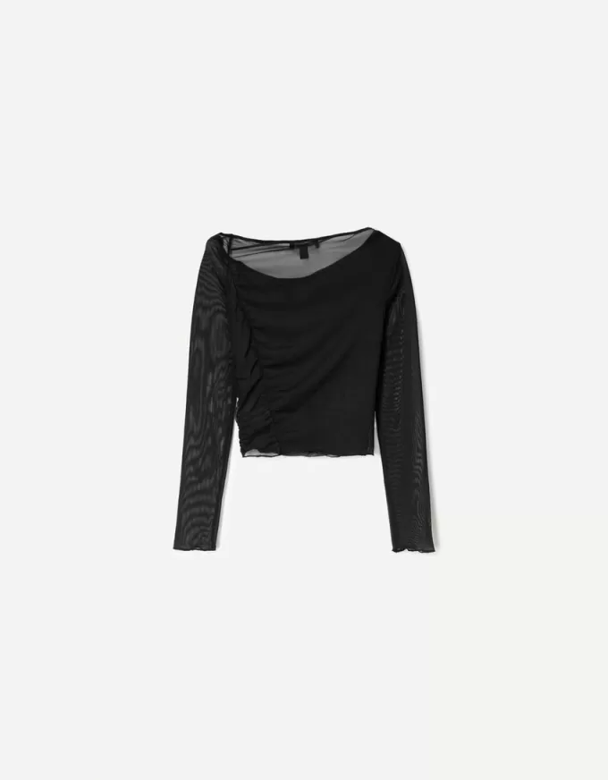 BERSHKA SERIEN långärmad T-shirt i tyll med rynkad tyll BERSHKA SERIEN långärmad T-shirt i tyll med rynkad tyll