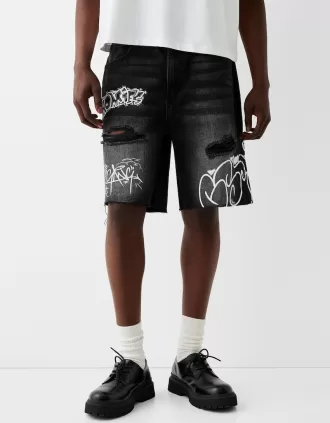 Bermudashorts i denim med tryck