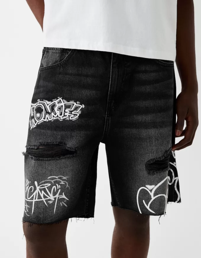 Bermudashorts i denim med tryck Bermudashorts i denim med tryck