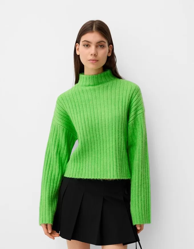 Beskuren ribbad oversize tröja med hög hals Beskuren ribbad oversize tröja med hög hals