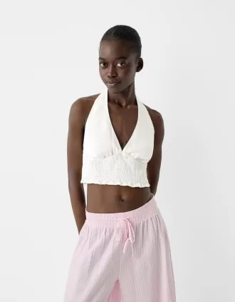 Crop top med halterneck i linneblandning