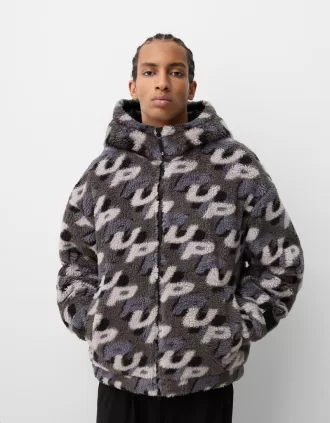 Faux shearling jacka med tryck