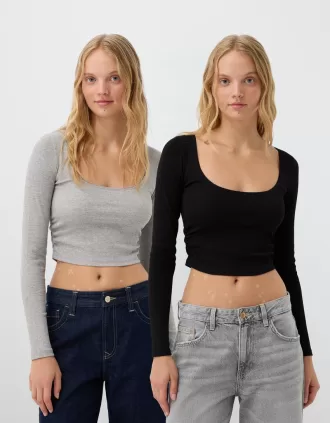 Förpackning med 2 långärmade T-shirts med rund hals