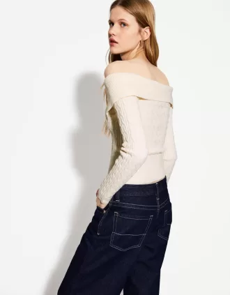 Kabelstickad Bardot cardigan med dragkedja