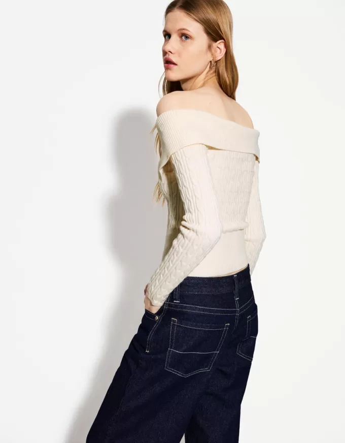 Kabelstickad Bardot cardigan med dragkedja