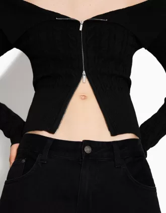 Kabelstickad Bardot cardigan med dragkedja