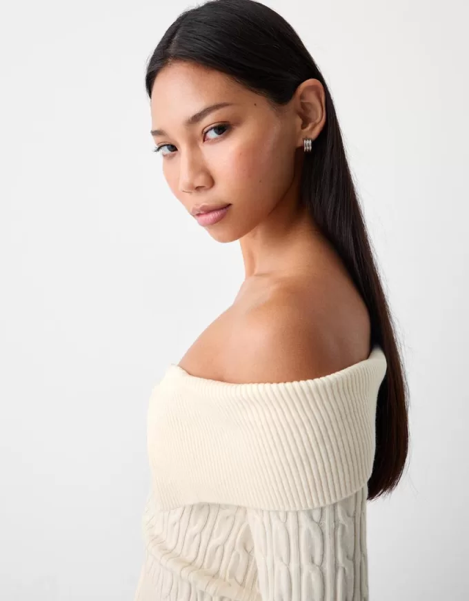 Kabelstickad Bardot cardigan med dragkedja