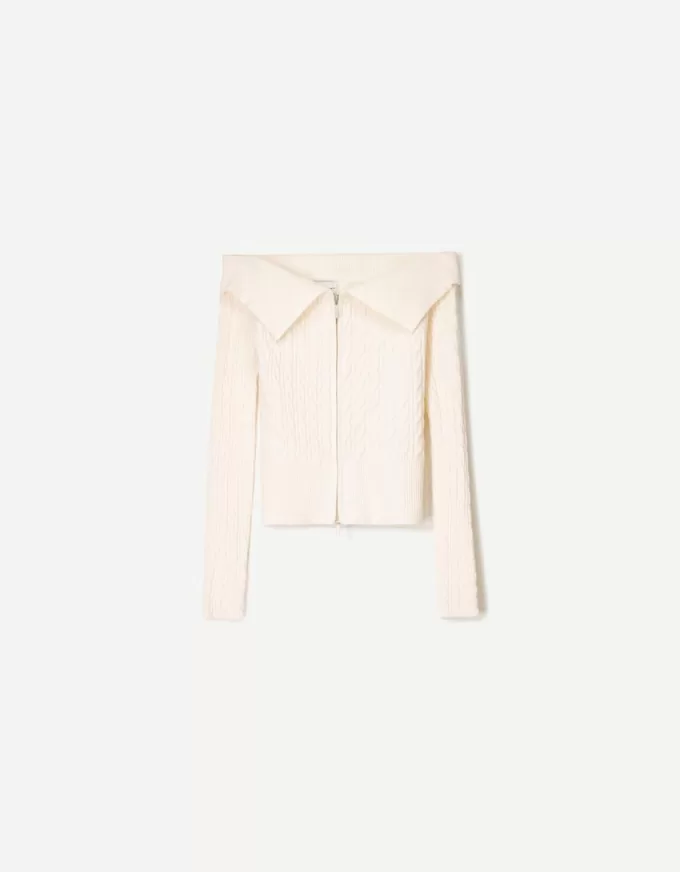 Kabelstickad Bardot cardigan med dragkedja