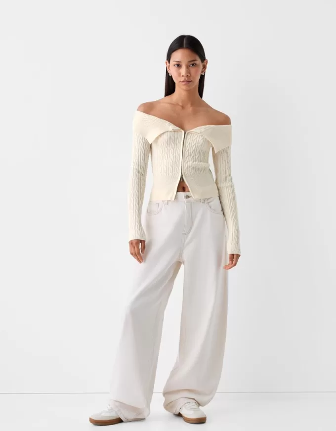 Kabelstickad Bardot cardigan med dragkedja