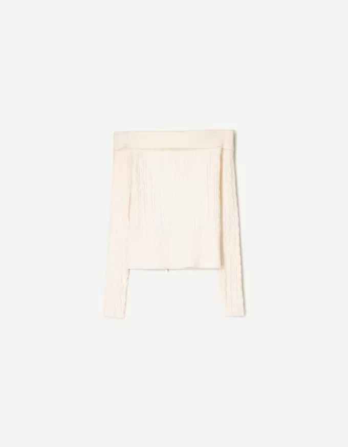 Kabelstickad Bardot cardigan med dragkedja