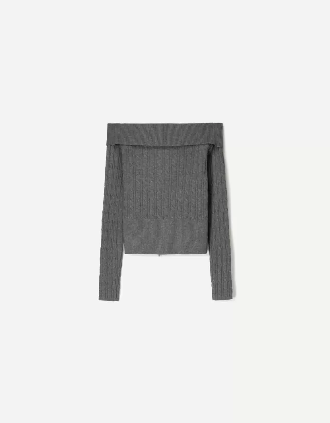 Kabelstickad Bardot cardigan med dragkedja Kabelstickad Bardot cardigan med dragkedja