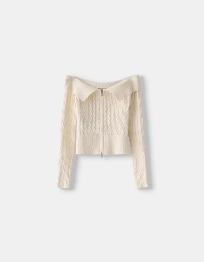 Kabelstickad Bardot cardigan med dragkedja