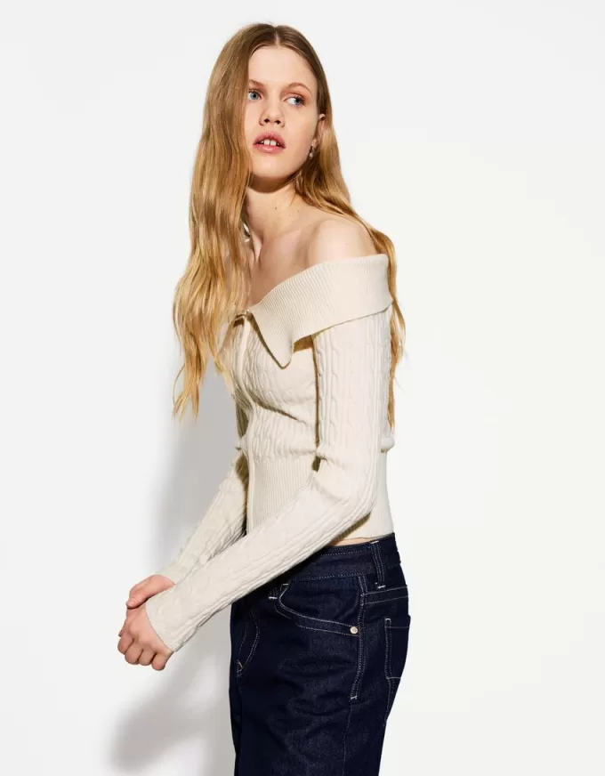 Kabelstickad Bardot cardigan med dragkedja