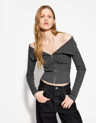 Kabelstickad Bardot cardigan med dragkedja