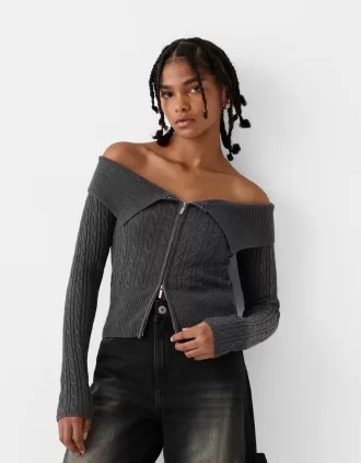 Kabelstickad Bardot cardigan med dragkedja