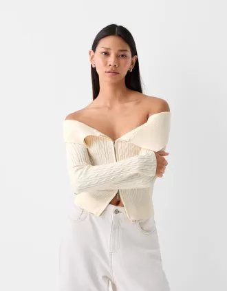 Kabelstickad Bardot cardigan med dragkedja
