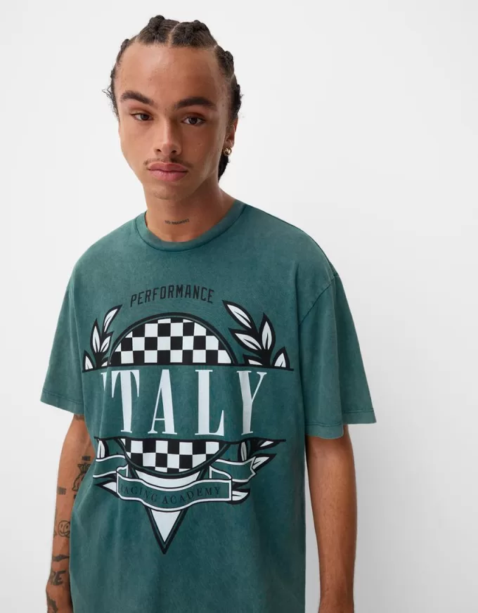 Kortärmad T-shirt med blekt effekt med tryck Kortärmad T-shirt med blekt effekt med tryck