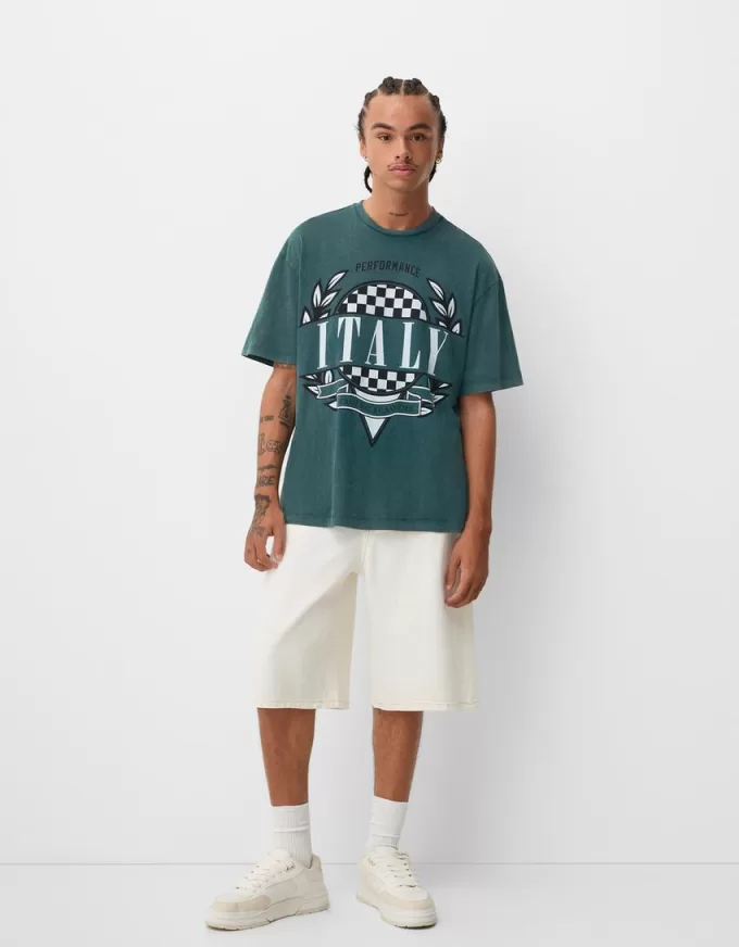Kortärmad T-shirt med blekt effekt med tryck Kortärmad T-shirt med blekt effekt med tryck