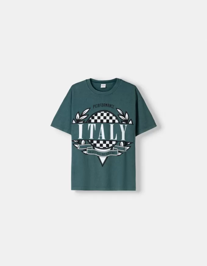 Kortärmad T-shirt med blekt effekt med tryck Kortärmad T-shirt med blekt effekt med tryck