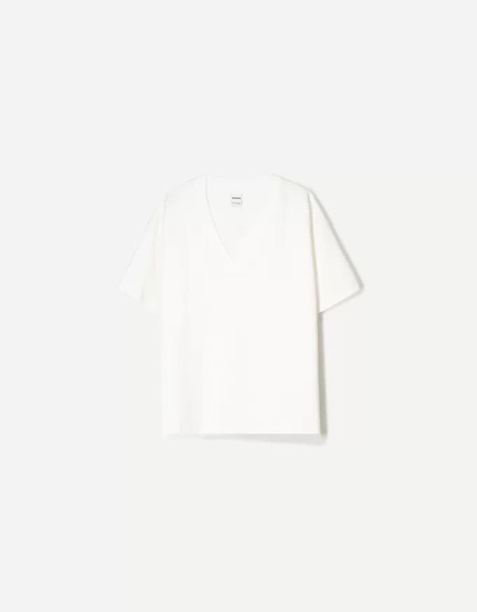 Kraftig V-ringad kortärmad T-shirt i bomull Kraftig V-ringad kortärmad T-shirt i bomull