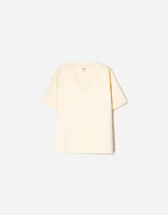 Kraftig V-ringad kortärmad T-shirt i bomull Kraftig V-ringad kortärmad T-shirt i bomull