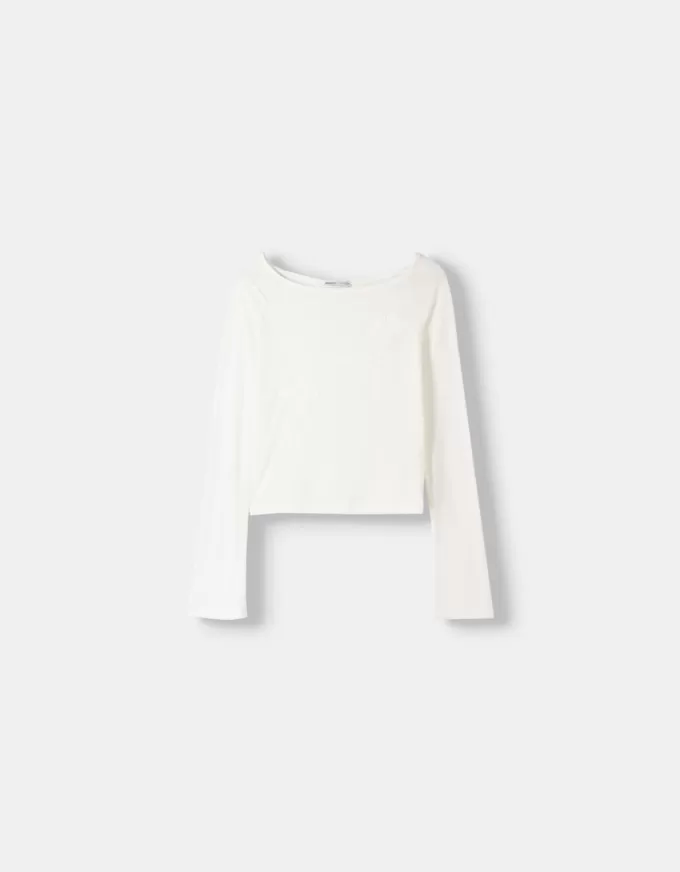 Långärmad T-shirt med broderad båthals