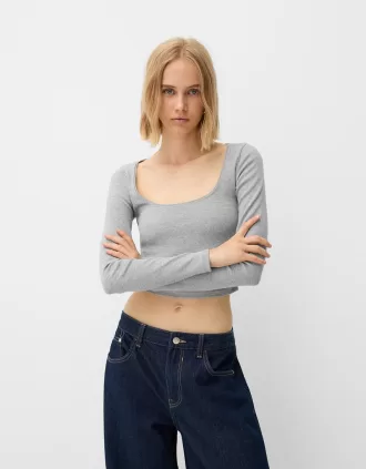 Långärmad T-shirt med rynkade sidor