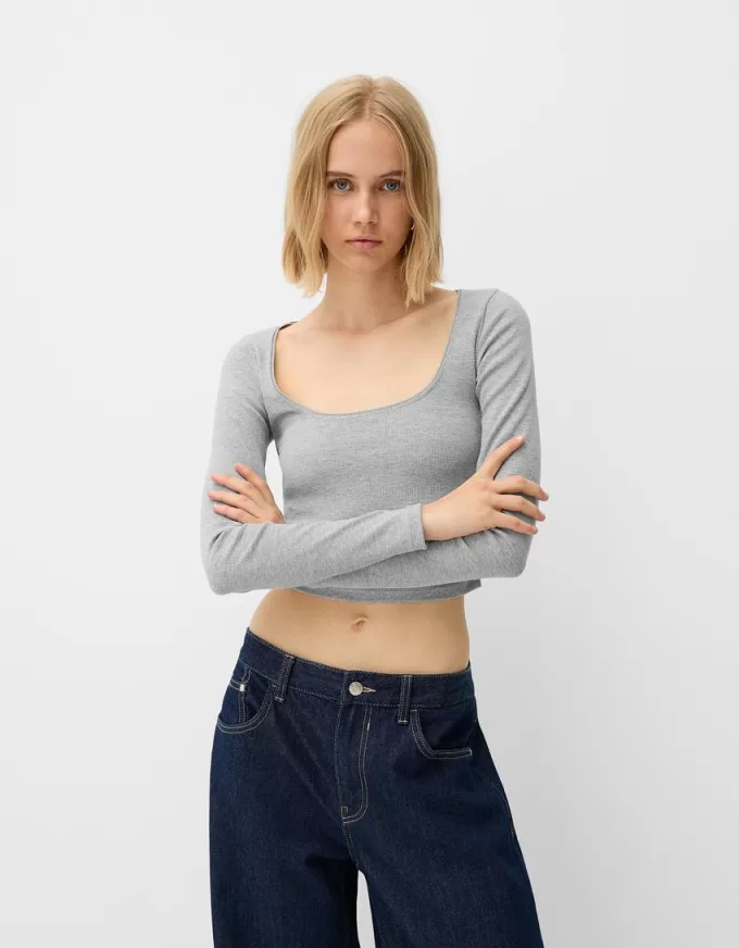 Långärmad T-shirt med rynkade sidor