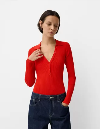 Långärmad bodysuit med utskuren polokrage
