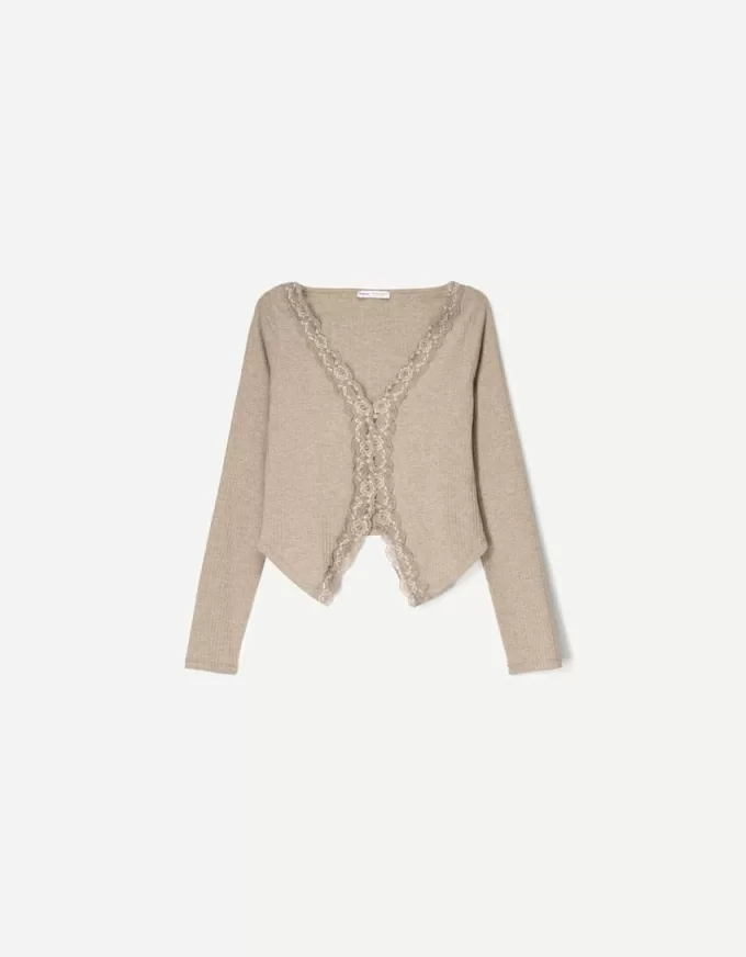 Långärmad ribbad T-shirt med blond spets