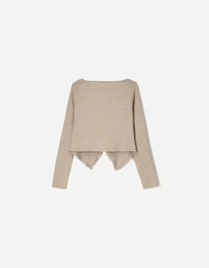 Långärmad ribbad T-shirt med blond spets