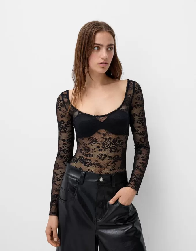 Långärmad svart spets Disney Bambi bodysuit