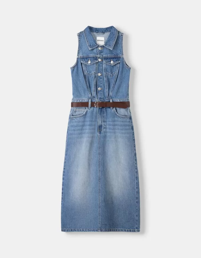 Midiklänning i jeans med skärp Midiklänning i jeans med skärp
