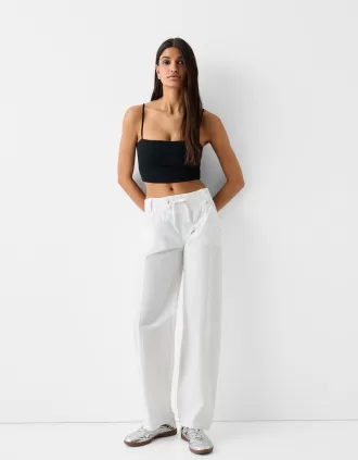 Straight fit bomullsbyxor med ribbad midja