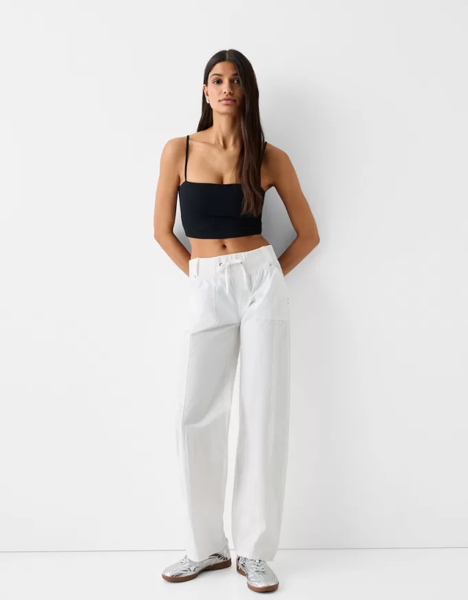 Straight fit bomullsbyxor med ribbad midja