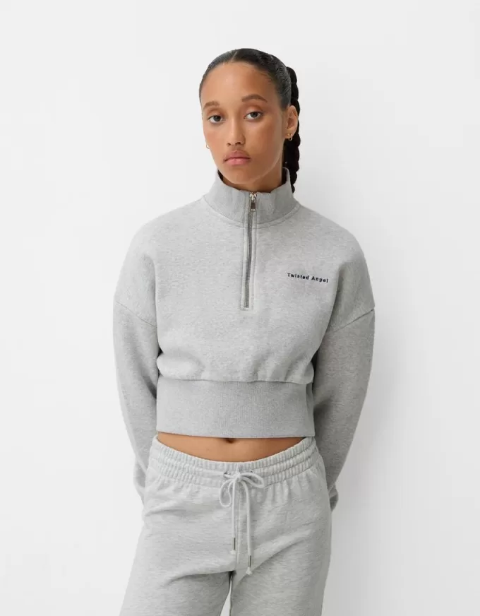 Sweatshirt med dragkedja med broderi Sweatshirt med dragkedja med broderi