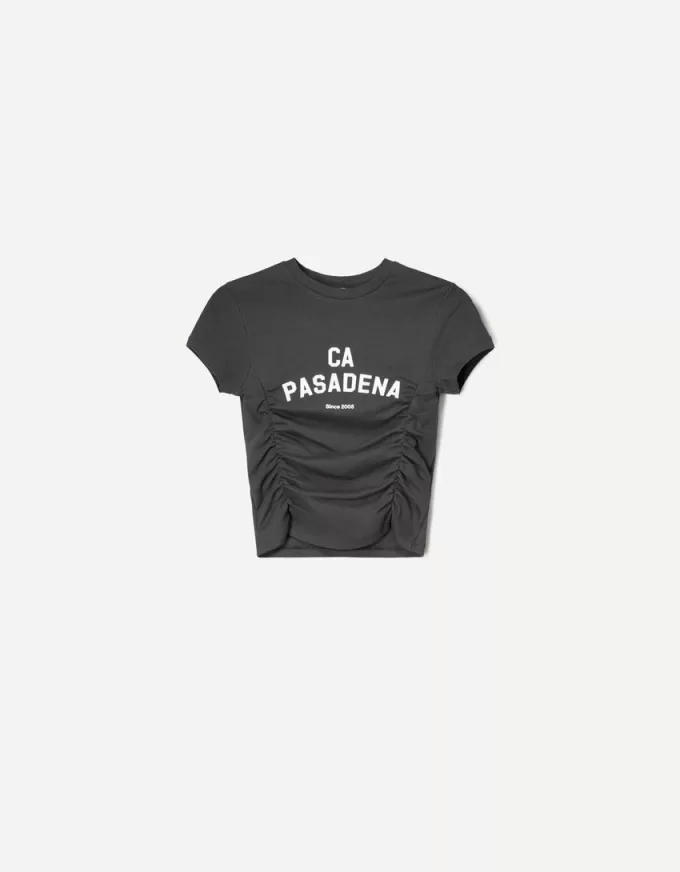 Tryckt kortärmad T-shirt med rynkning