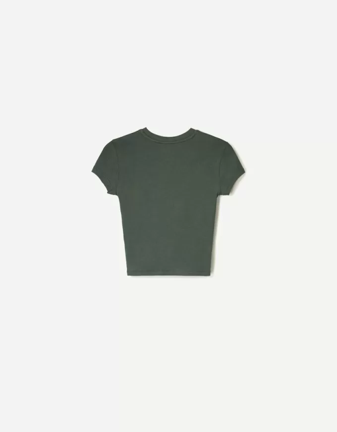 Tryckt kortärmad T-shirt med rynkning