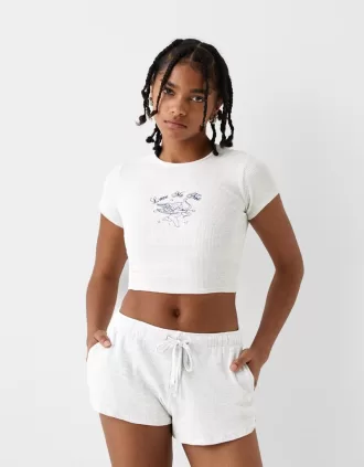 Tryckt kortärmad våffelstickad T-shirt